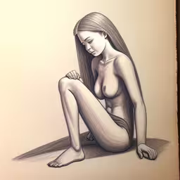 a naked girl drawing with pencils on paper,a drawing of a naked woman sitting down