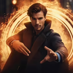 a young man in a brown jacket is in front of a circular sign