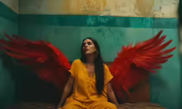 an individual with wings sitting in a room