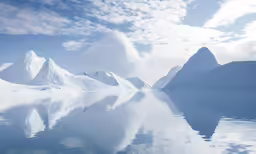 mountains and snow are reflected in water on a bright day
