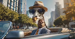 the man is in a hat wearing sunglasses and a tie