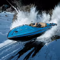 an older style boat speeds through water spray