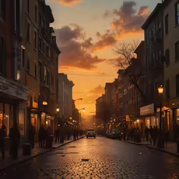 people walk along the street as the sun sets