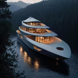 luxury boat floating in the middle of water at dusk