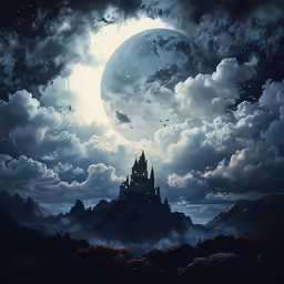a castle on a mountain under a full moon