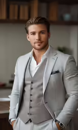 a man in a gray suit posing for a photo