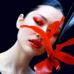 a woman with red and blue make - up