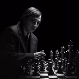 a man wearing a suit sitting at a chess game