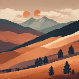 a painting of mountains in the desert with trees,there is a mountain that has a lot of mountains and grass on it