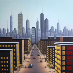 the painting is of a large city skyline