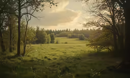 a grassy field surrounded by trees under cloudy skies