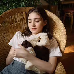 a young woman sitting in a wicker chair holding a teddy bear