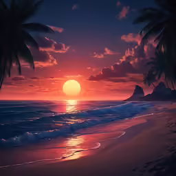 a tropical sunset with a large yellow sun over the ocean