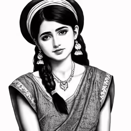 a pencil drawing of a girl with earrings and necklace