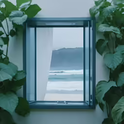 an open window shows a white and blue ocean