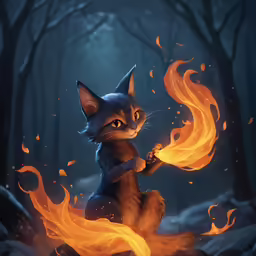 a cat on fire with a glowing tail