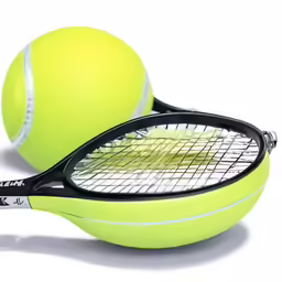 a pair of tennis rackets and a yellow tennis ball on white