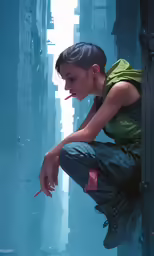 a woman sitting on the edge of a pool in high rise buildings