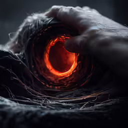 a man with a hand touching an orange tunnel