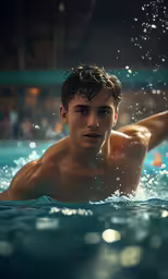 man is swimming in a pool surrounded by water droplets