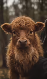 a brown cow standing next to the forest