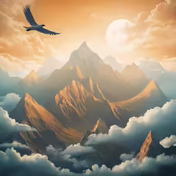 the image shows mountains with birds flying around