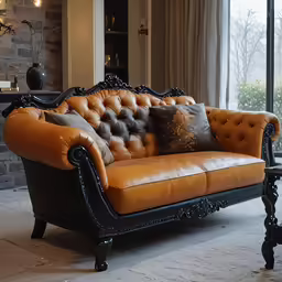 a brown couch and coffee table in a room