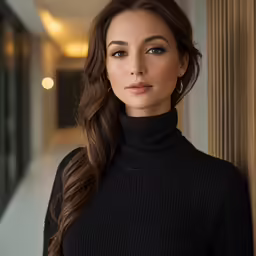 a woman in a black top leaning against a wall