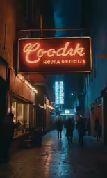 people walking under a neon sign on a sidewalk