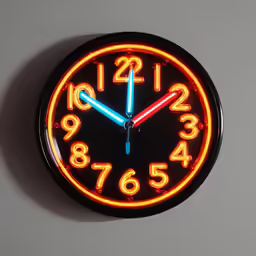 an illuminated neon clock showing two different clocks