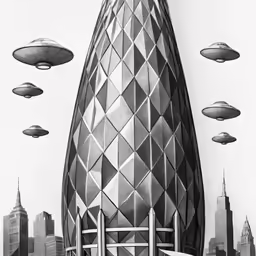 an image of alien shaped building with people on it