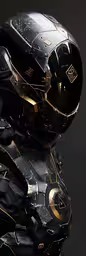 a black and gold helmet is shown in this undatuned photo,a black helmet on top of black surface