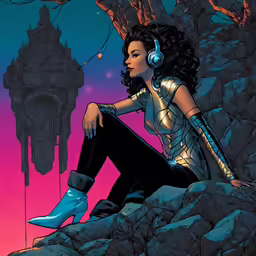 a woman is sitting on a rock while listening to music