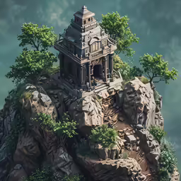 a digital painting of a tower on a mountain