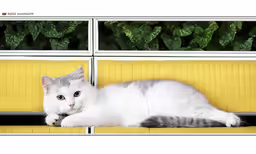 a white cat laying on top of a yellow bench