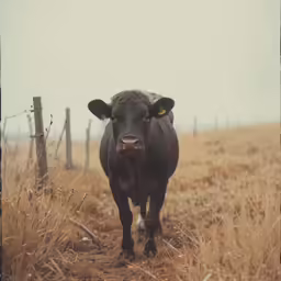 a black cow is standing in an open field