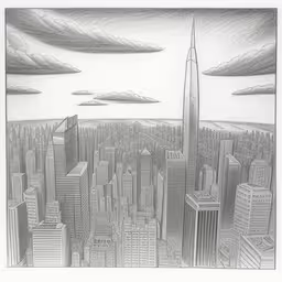 an illustration of a penciled photo of cityscape,an aerial pencil drawing of new york city skyline