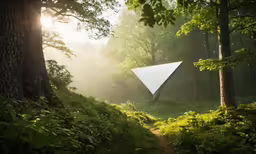 an upside down mirror standing in the middle of the woods