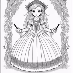 a drawing of a girl in a dress holding a wand,a fairy princess is standing on her legs with her wand