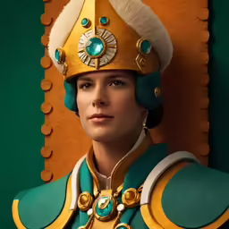 a person wearing a costume with gold and blue colors