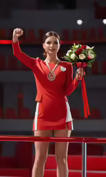 a woman wearing a red jacket and white skirt