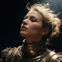 the girl in armor looks off into the distance