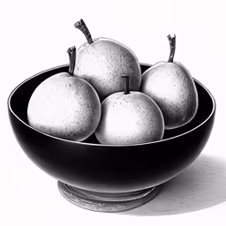 four apples are in a black bowl on top of a table