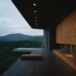 a bench sits on the wooden deck overlooking the countryside