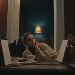 a girl is laying in front of her laptop, with a lamp on
