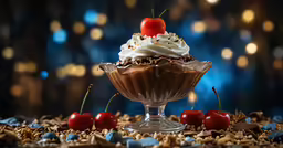 a fancy chocolate cupcake with cherry garnish