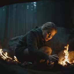 a woman sitting in front of a fire with a bottle of booze