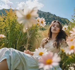 a young lady in the middle of an array of flowers in the grass