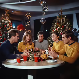 a group of friends enjoying drinks in a bar with christmas lights
