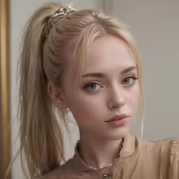 a woman with blonde hair wearing a brown shirt